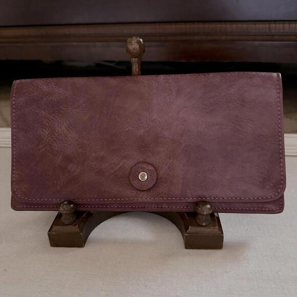 Vintage Wanderlust burgundy leather passport / travel wallet with plaid lining.
